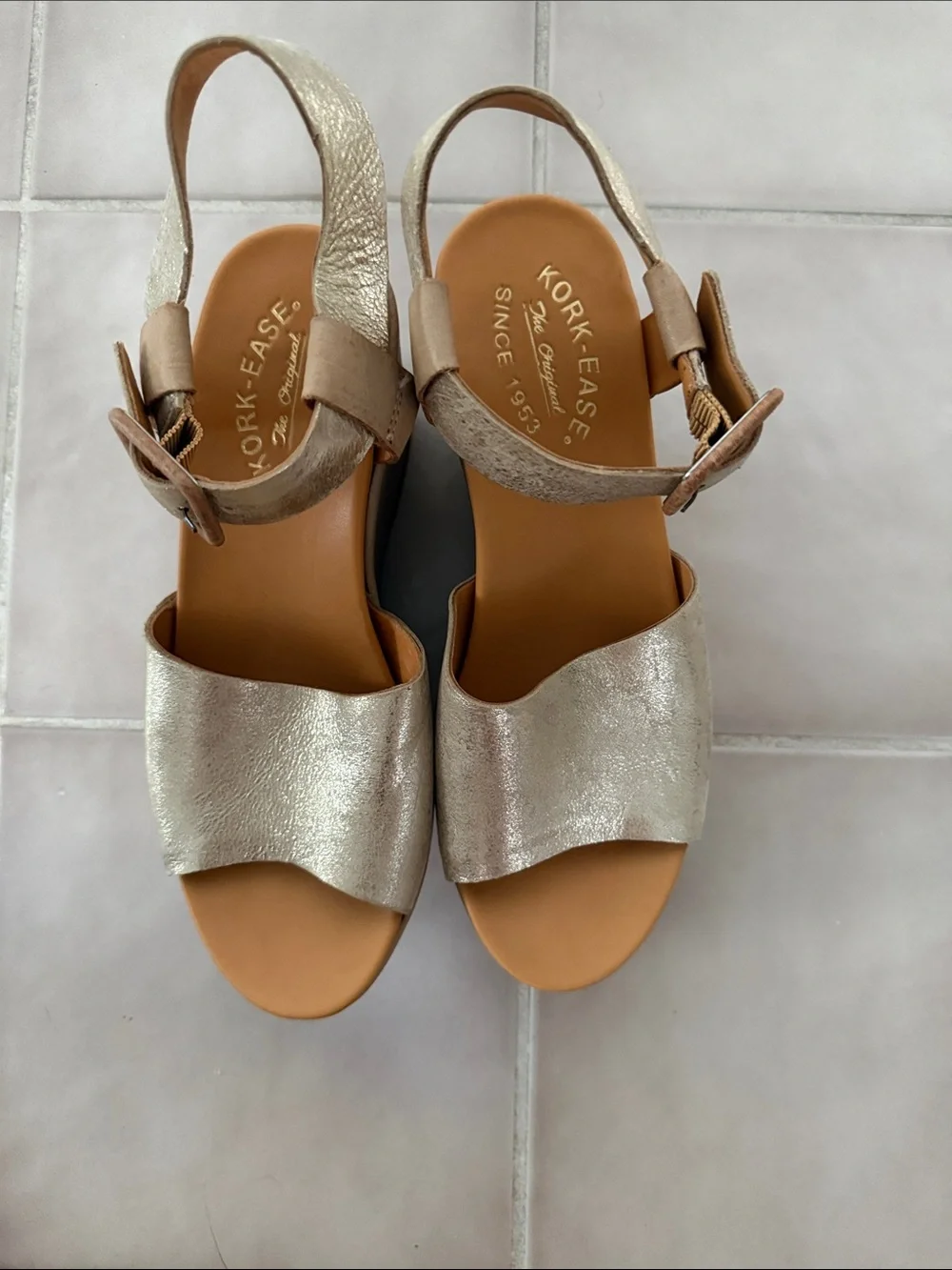 Kork-Ease Metallic Gold and Tan Wedge Sandals - Picture 1 of 6